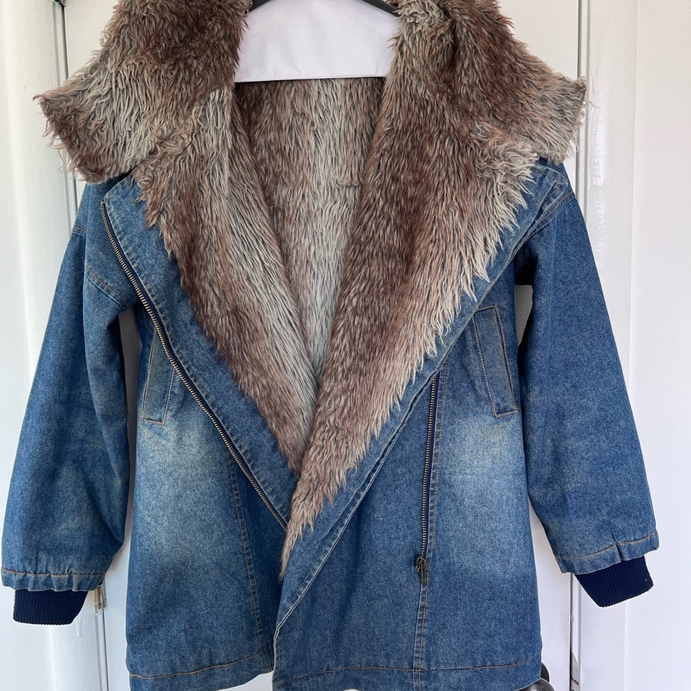Women’s Blue Denim Jacket with Brown Faux Fur Lining